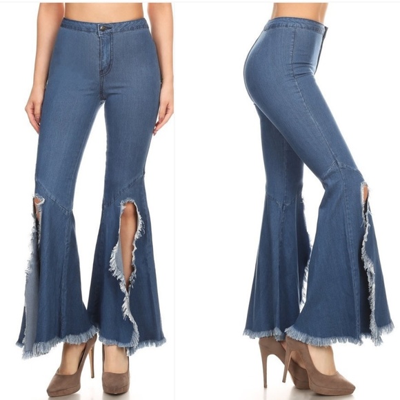 Vintage Flared Slit Bell Bottom Jeans Hippie Denim Pants - Picture 4 of 6